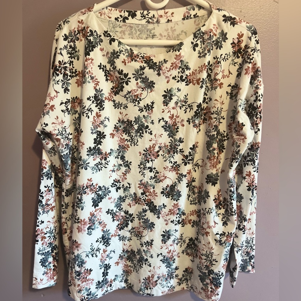 J.Jill Luxe Supima Forward Seam Tee Floral Boat Neck Tunic Size Large Petite